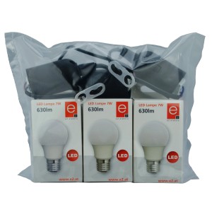E2 Elektro Baustellenfassung 3er-Pack mit Anschlussleitung und LED-Lampe im transparenten Beutel.