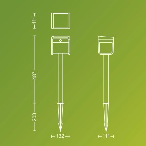 Skizze der Philips Ezra Solar Sockelleuchte in Schwarz mit Maßangaben für die Solar-Wegeleuchte.
