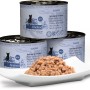 Catz Finefood Katzenfutter No.17, Geflügel & Garnele, 200g Dosen gestapelt mit Portion auf einem Teller.