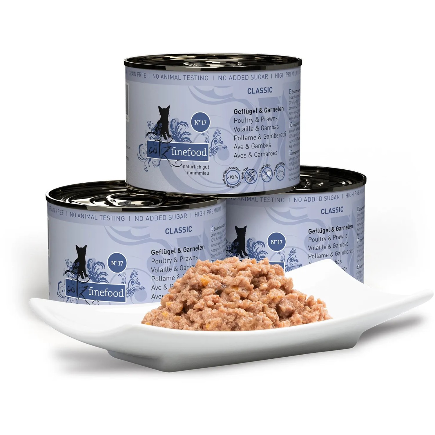 Catz Finefood Katzenfutter No.17, Geflügel & Garnele, 200g Dosen gestapelt mit Portion auf einem Teller.