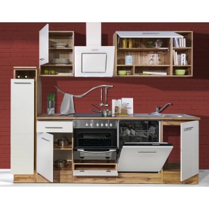 Respekta Küchenzeile 250 cm in Weiß/Wildeiche Nachbildung mit E-Geräten.