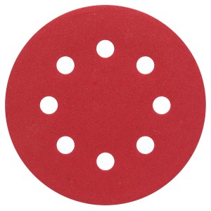Rotes Bosch Schleifblatt Expert for Wood and Paint K180, Ø 115 mm mit Löchern.