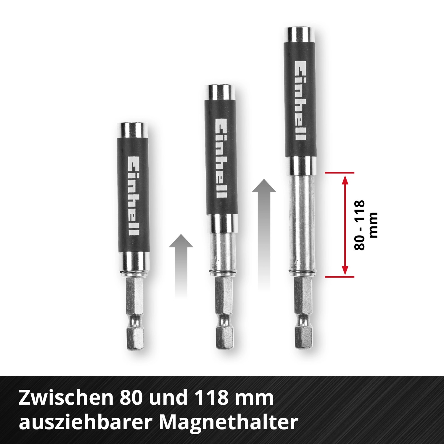 Einhell Bit-Set: Ausziehbarer Magnethalter in verschiedenen Längen (80-118mm).