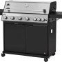 Jamestown Kane 6 Gasgrill mit 6 Brennern, Edelstahlhaube, Seitentischen und schwarzem Unterschrank.