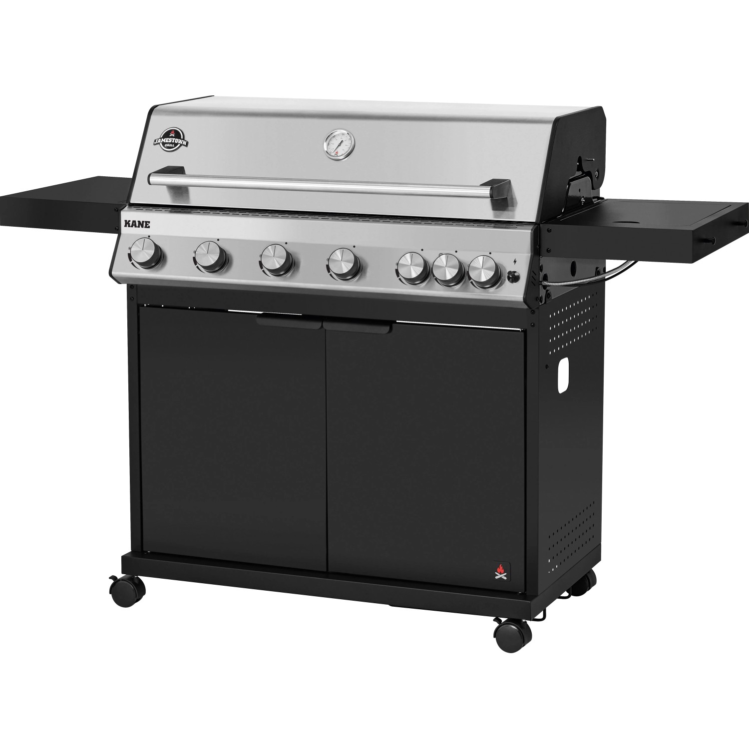 Jamestown Kane 6 Gasgrill mit 6 Brennern, Edelstahlhaube, Seitentischen und schwarzem Unterschrank.