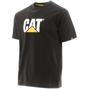 Schwarzes Cat T-Shirt Trademark M für Arbeitskleidung mit großem, weiß-gelbem Logo.