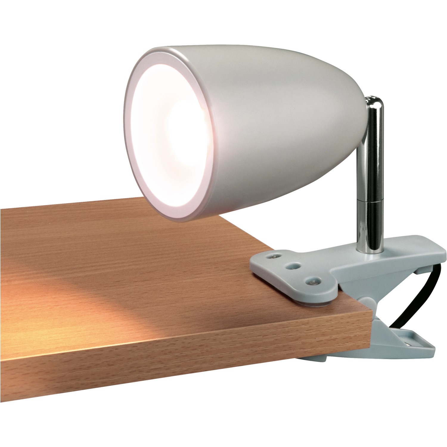 Graue LED-Klemmleuchte Vidorni am Tisch befestigt. Schwenkbarer Leuchtenkopf mit warmweißem Licht.