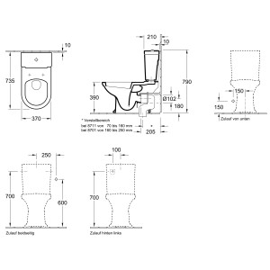 Technische Zeichnung Villeroy & Boch Stand-WC Hommage, Tiefspüler in Weiß mit Maßen.