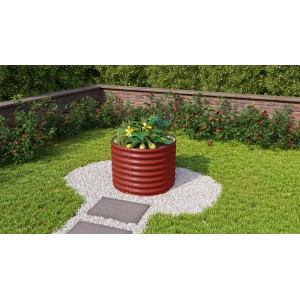 Rundes, rubinrotes Vitavia Hochbeet 630 Vita aus Metall im Garten mit Bepflanzung.