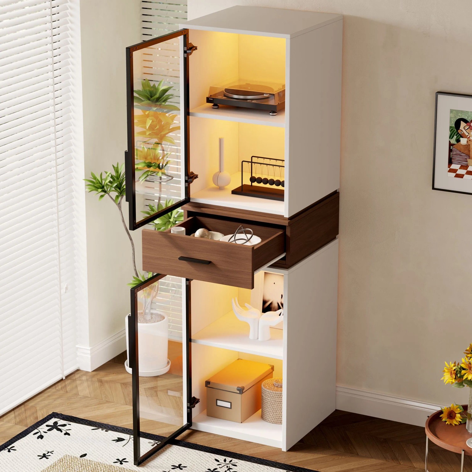 okwish Vitrinenschrank mit LED Beleuchtung Glastüren Wohnzimmer 40x40x200cm Weiß_3