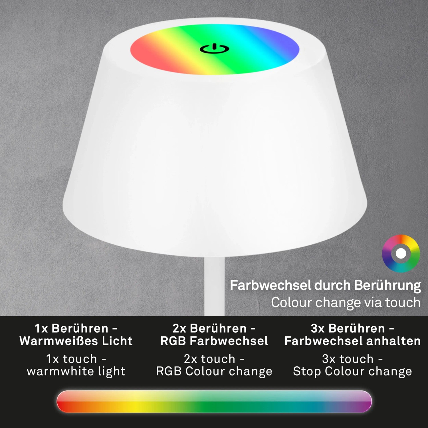 Weiße Brilo RGB Akku-Tischleuchte mit Farbwechsel und Touch-Bedienung für stimmungsvolle Beleuchtung.