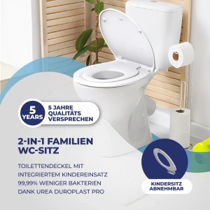 Weißer Sanfino WC-Sitz Duroplast Child Ease mit Absenkautomatik und integriertem Kindersitz.