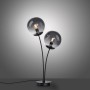 Schwarze Just Light Design-Tischleuchte Big Widow mit zwei rauchfarbenen Glaskugeln.
