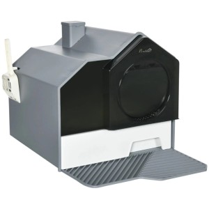 PawHut Katzentoilette im Hütten-Design, grau-schwarz, mit Schaufel und Bodenwanne. Geschlossenes Katzenklo.
