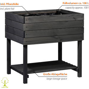 Anthrazitfarbenes Dobar Hochbeet Magic Kubus 2.0 aus Holz mit Ablagefläche und Pflanzfolie.