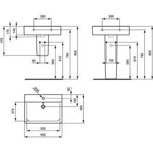Technische Zeichnung: Ideal Standard Connect Cube Waschtisch, 65x46 cm, Hahnloch, Überlauf, Abmessungen.