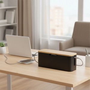 Relaxdays Kabelbox Bambus Natur Schwarz Magnetisch 14,5 cm x 34 cm x 11 cm