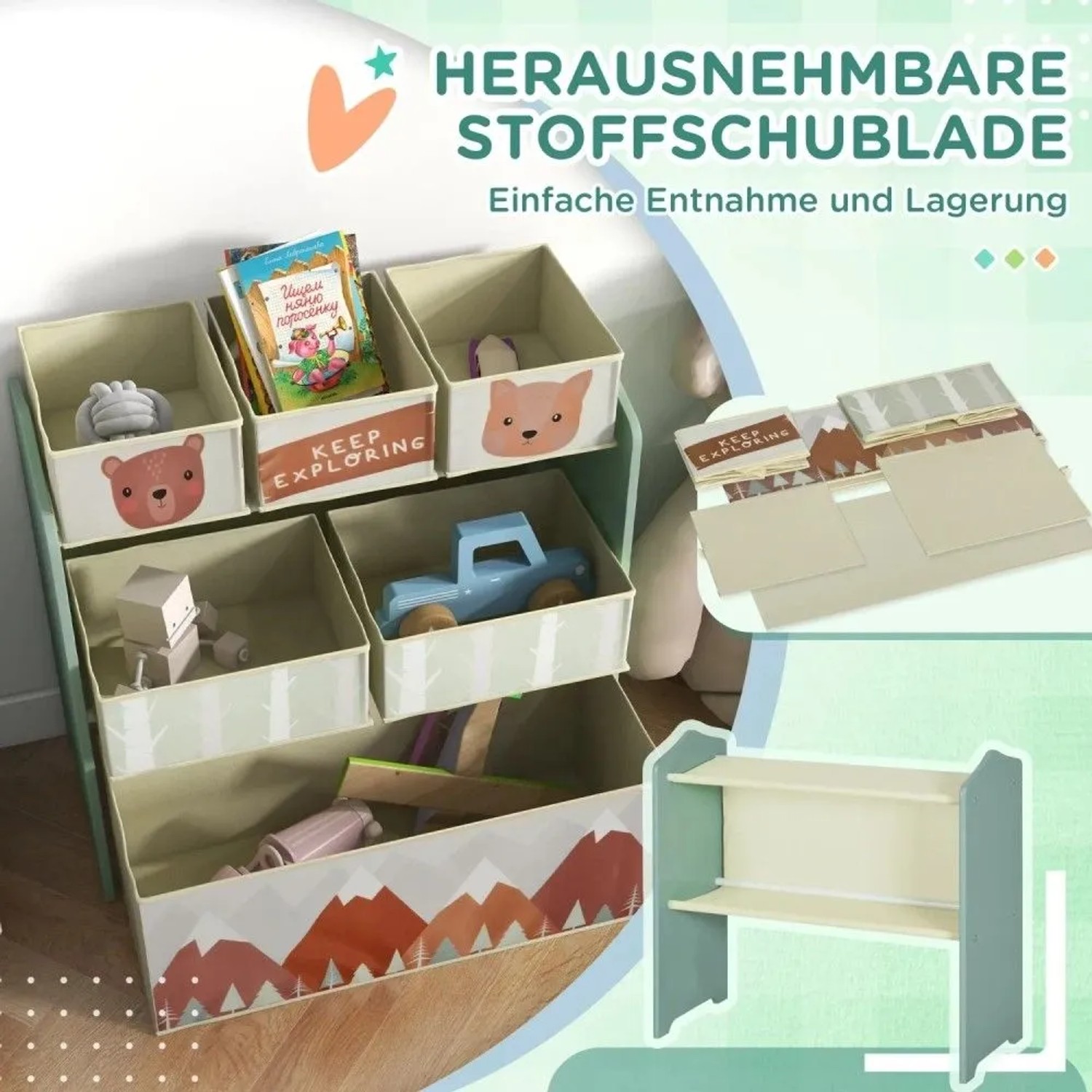 ZONEKIZ Kinderzimmerregal aus MDF mit mintgrünem Rahmen und bunten Stoffboxen für Spielzeug und Bücher. Niedliches Design.