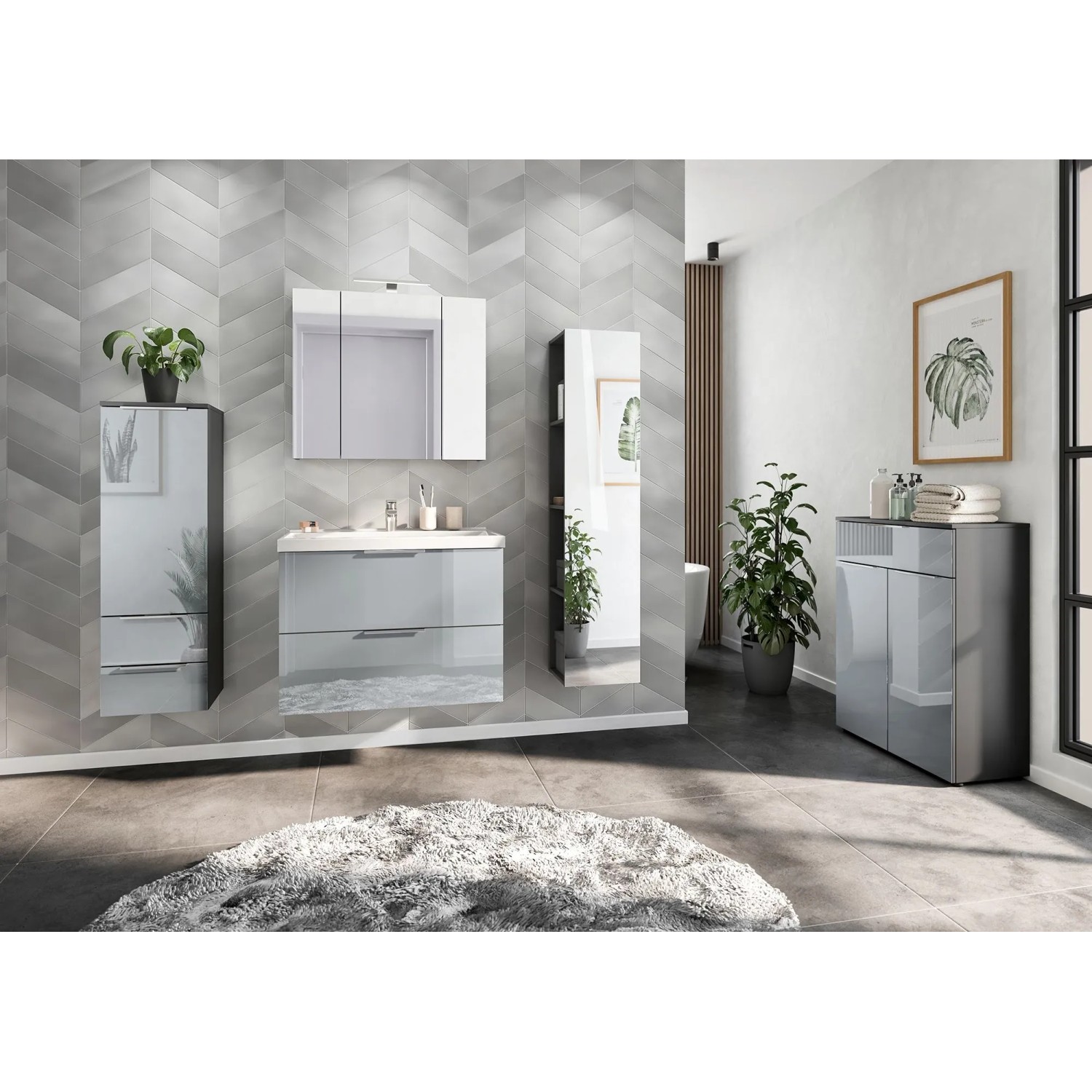 Germania Waschtischunterschrank mit Becken, Graphit/Grau, 81x65x47 cm. Modernes Badmöbel-Set.