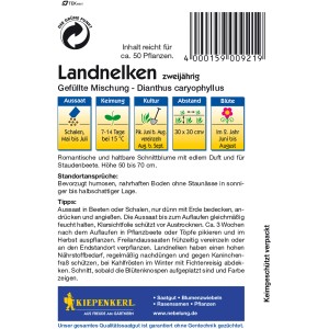 Kiepenkerl Landnelken, gefüllte Mischung, mehrfarbig, auf der Verpackung.