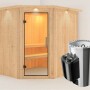 Karibu Sauna Livia mit Ofen und LED-Dachkranz aus Naturholz, inklusive Bänken und Ofenschutzgitter.