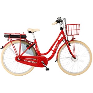 Rotes Fischer City-E-Bike Cita Retro 2.0 mit Korb vorne und Gepäckträger für den Akku.