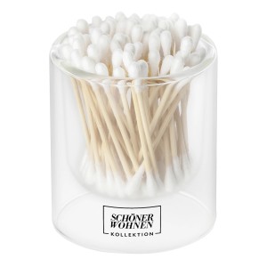 Schöner Wohnen Wattestäbchen im Glasbehälter.