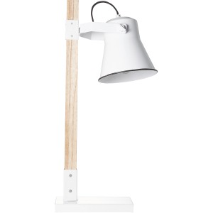 Weiße Brilliant Tischlampe Plow mit Holzfuß, Design-Tischleuchte für Wohnraum und Nachttisch.