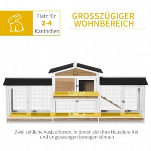 PawHut Kleintierstall aus weißem Tannenholz mit Rampe und zwei großen Freilaufgehegen für Kaninchen.