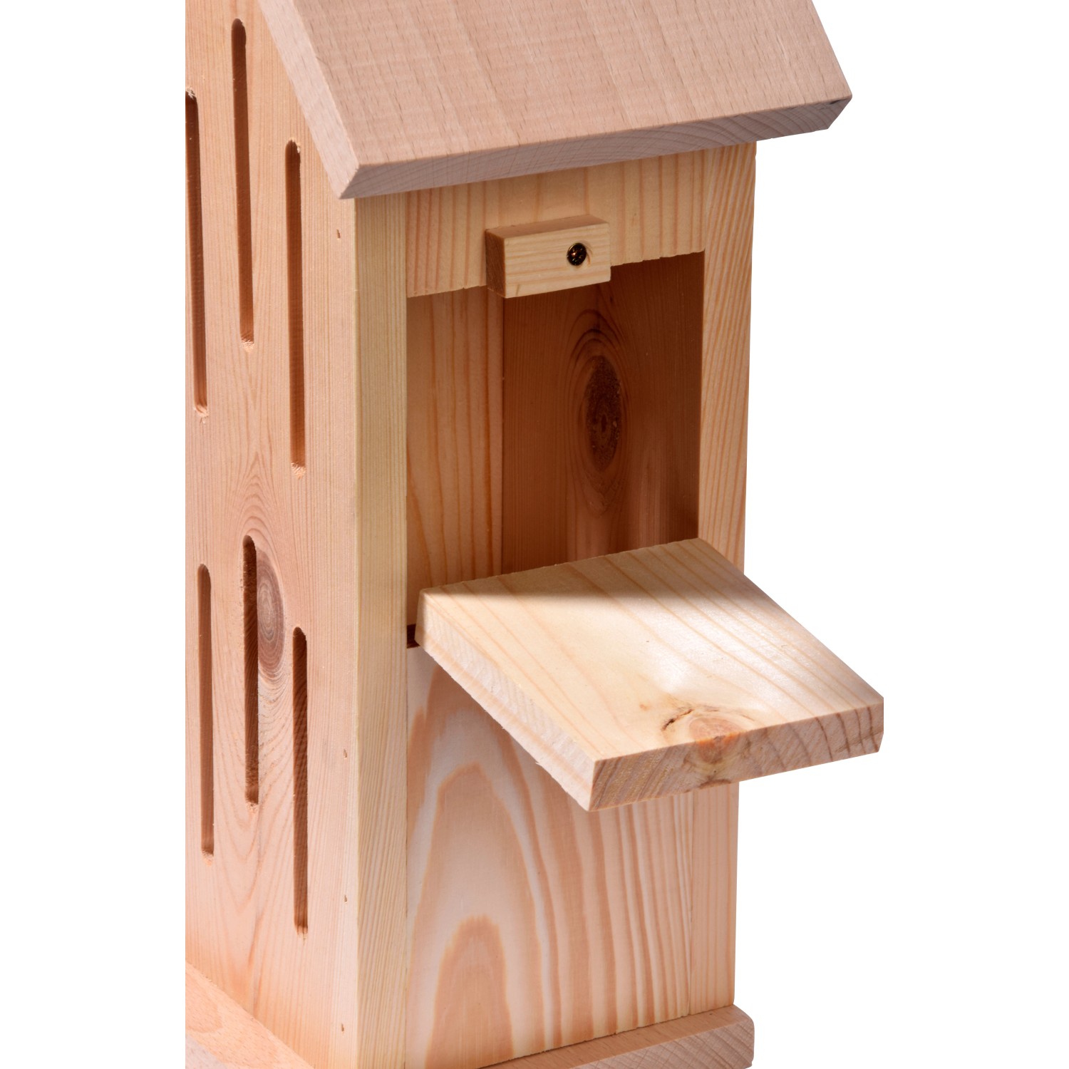 Sonnenfalter Schmetterlingshaus aus Holz, 23x14x38cm, mit Anflugstationen und seitlicher Klappe.