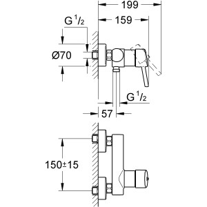 Technische Zeichnung der Grohe Concetto Einhand-Brausebatterie DN 15 mit Maßangaben.