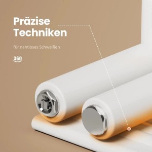 Nahaufnahme eines weißen Emke Badheizkörpers, zeigt präzise 360° Schweißtechnik für stabile, nahtlose Verbindungen.