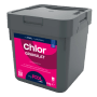 Grauer myPOOL Chlorgranulat 5 kg Eimer mit pink-blauem Etikett für Pool Reiniger.