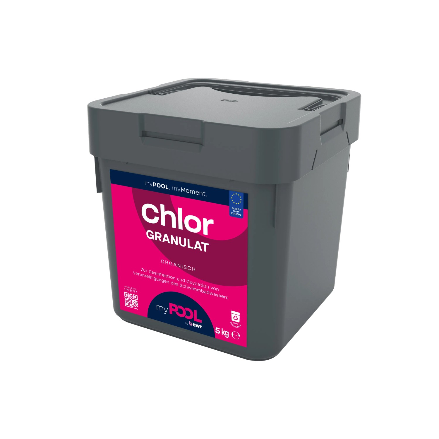 Grauer myPOOL Chlorgranulat 5 kg Eimer mit pink-blauem Etikett für Pool Reiniger.
