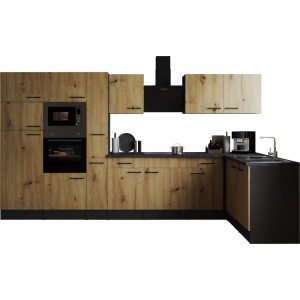 Respekta Winkelküche Oliver 370 cm in Artisan Eiche mit Elektrogeräten und schwarzer Arbeitsplatte.