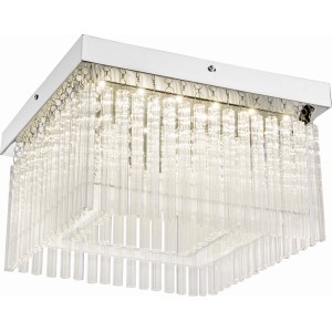 Quadratische LED-Deckenleuchte VINCE in Chrom mit klaren Glasstäben und Glaskristallen.