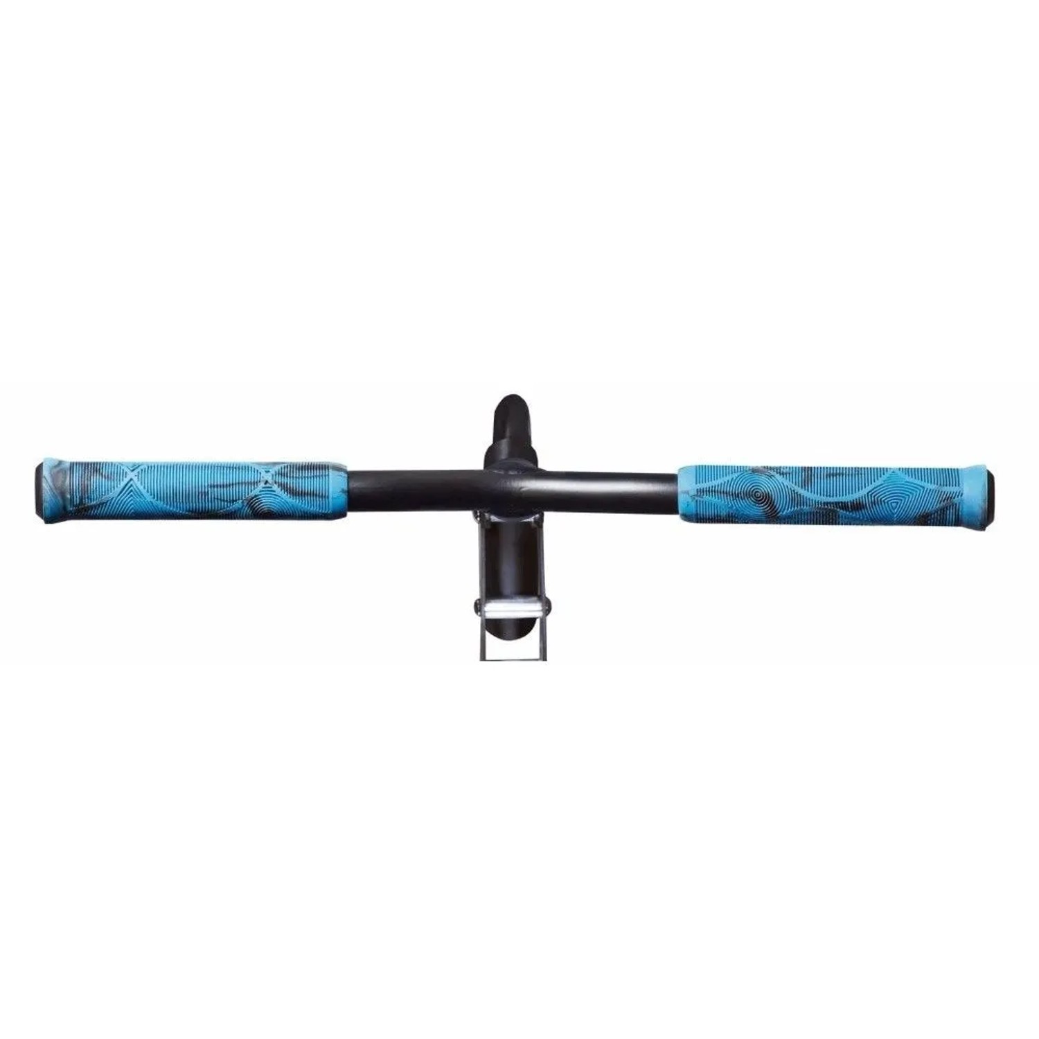 Verstärkter Wing-Lenker des Six Degrees Stuntscooters in Schwarz mit blauen Swirl-Griffen. Ideal für Sport & Tricks.