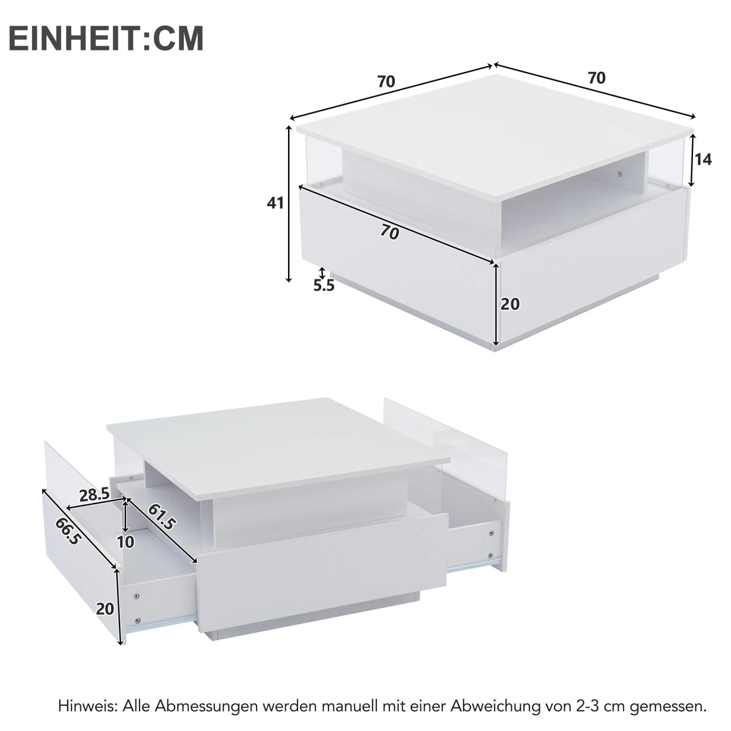 okwish Couchtisch mit LED 2 Schubladen Präsentationsbereich 70x70x41cm Weiß_5