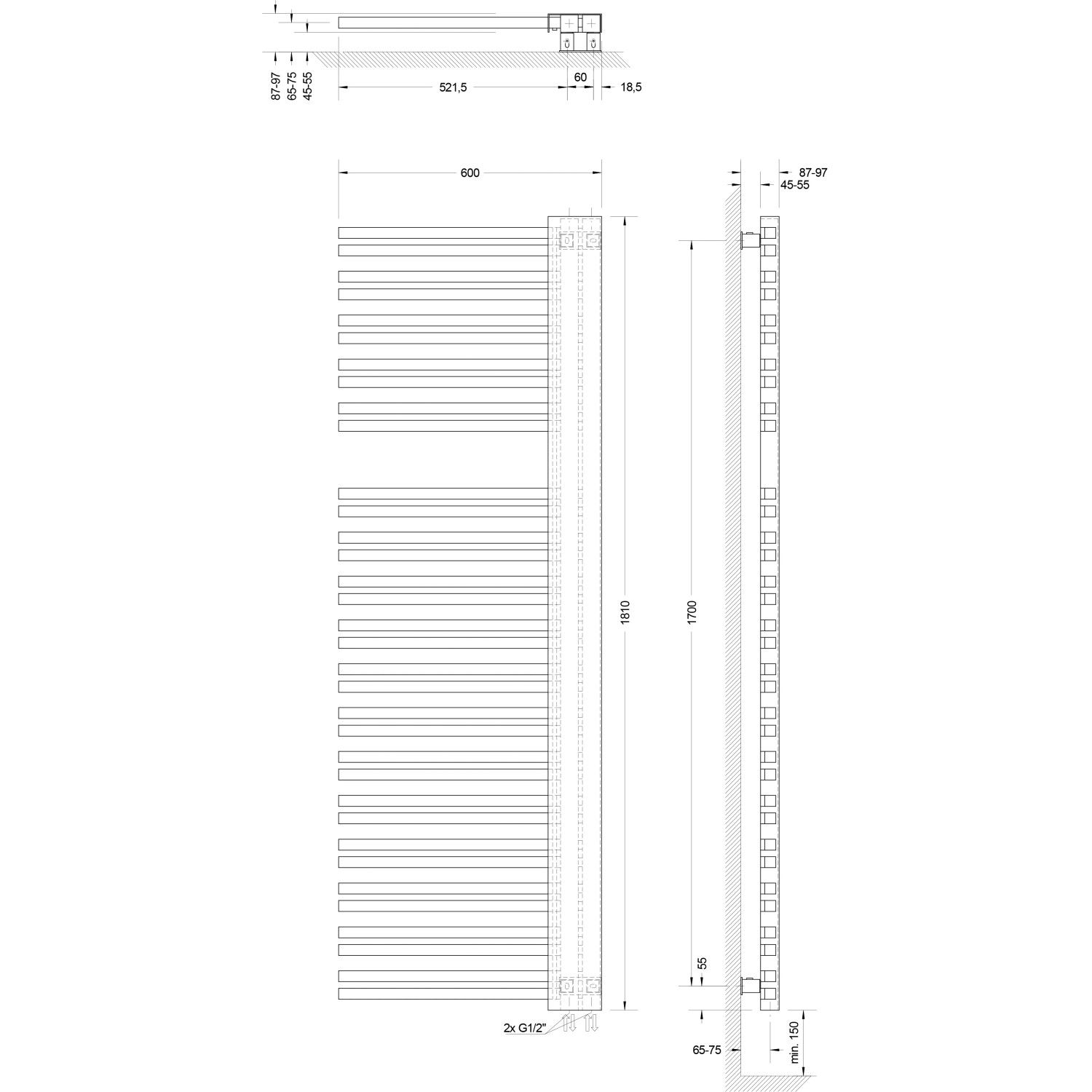 Technische Zeichnung Schulte Design-Heizkörper Bologna, 181x60 cm, alpinweiß, Version rechts.