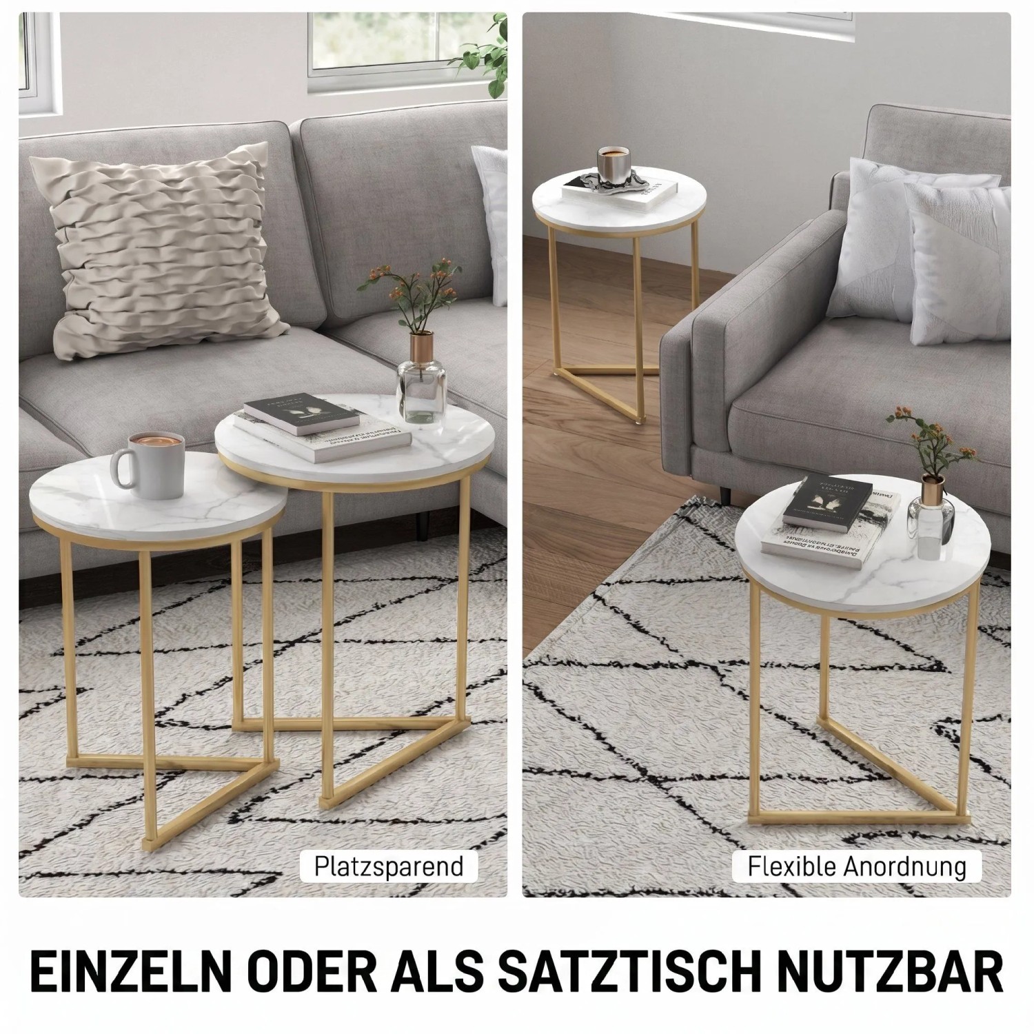 HOMCOM Beistelltisch-Set mit weißer Marmoroptik und goldenem Stahlgestell, flexibel als Satztisch nutzbar im Wohnzimmer.