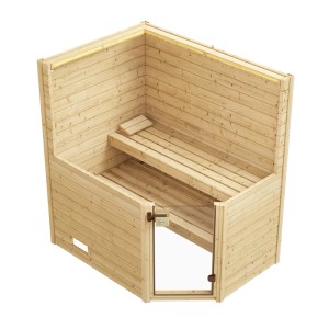 Weka Massivholzsauna Valida Eck mit Glastür, 5,4 kW Ofen Sparset, Fichte natur, zwei Liegen.