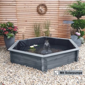 Promadino Sechseck-Hochteich Ø 200cm inkl. Solarpumpe Grau aus Kiefernholz