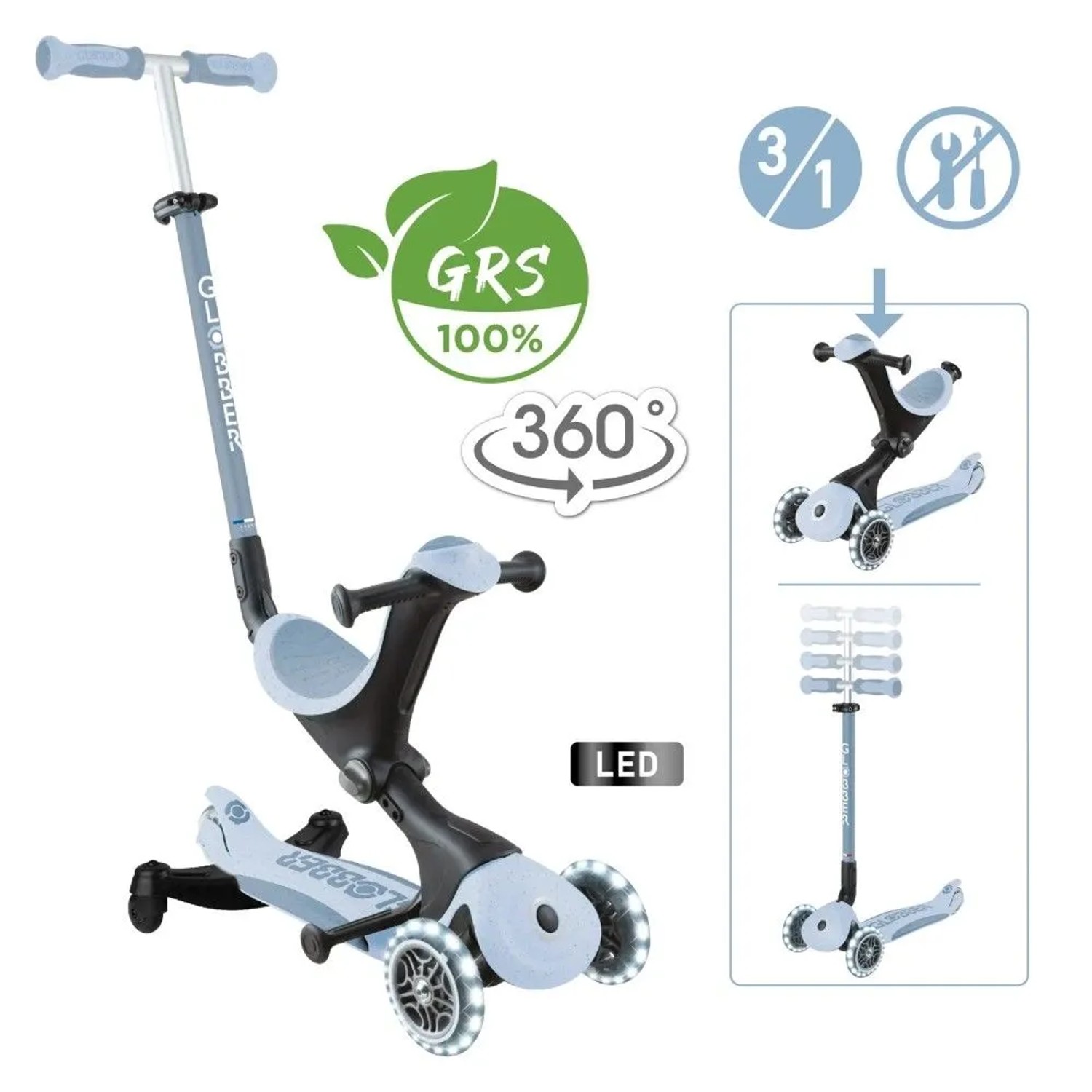 Globber Go-Up Deluxe Lights 360 3 in 1 Aufsitzrad Laufrad Scooter 120/80 mm 3-Rädrig Verstellbar Blaubeere_2