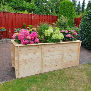 Holz-Hochbeet 200x80x86 cm bepflanzt mit Hortensien im Garten.