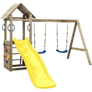 SwingKing Spielturm Maria mit gelber Rutsche, Doppelschaukel und Kletterwand für Kinder.