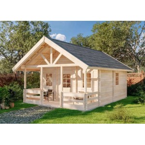 Unbehandeltes Alpholz Gartenhaus Lillehammer mit Anbaudach im Garten.