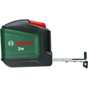 Bosch Maßband 3 m, grün-schwarzes Gehäuse mit rotem Knopf und ausziehbarem Band.