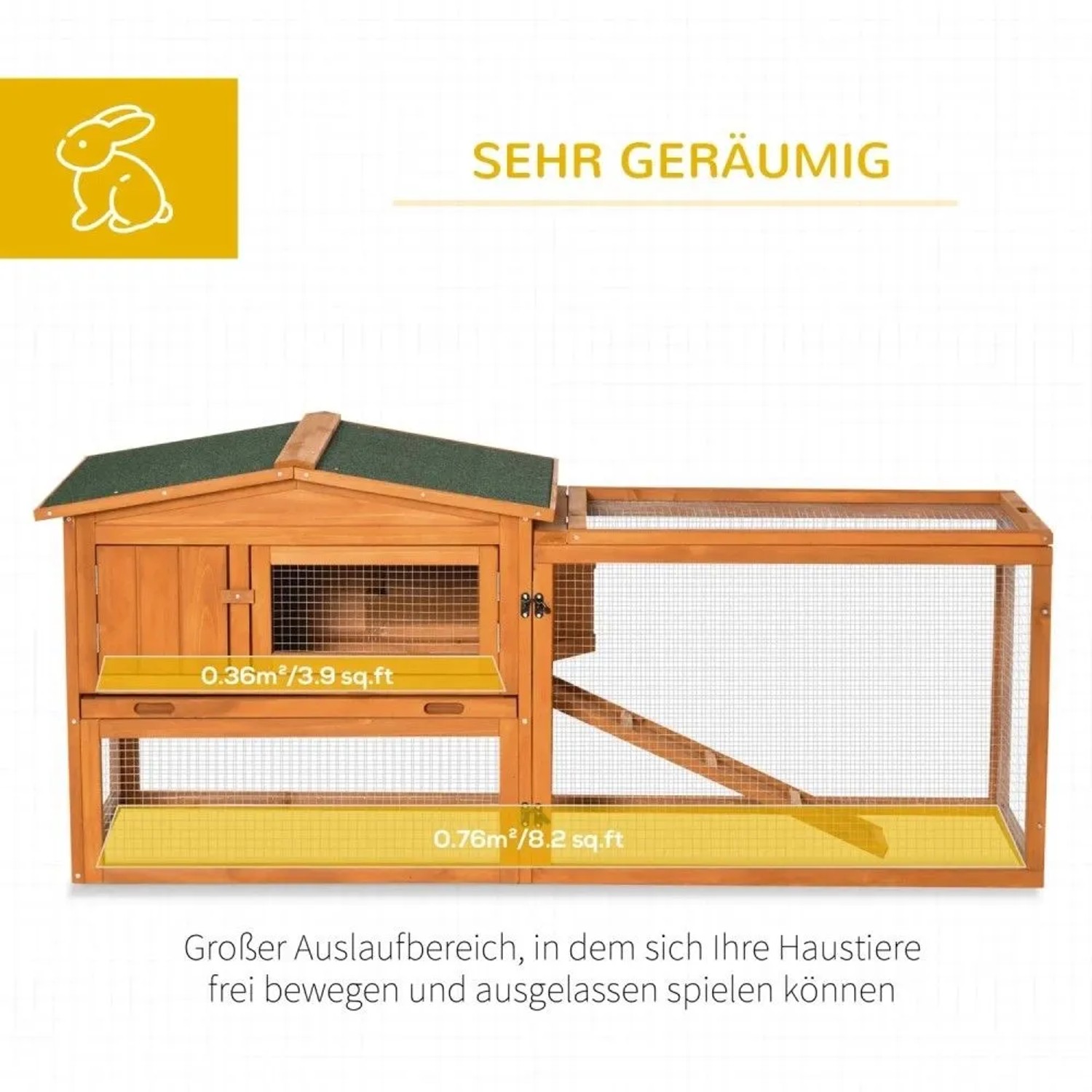 68 Cm Ruler PawHut Kaninchenstall aus Tannenholz mit Asphaltdach 156 x 58 x 68 cm ...