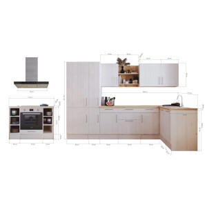 Respekta Landhaus Winkelküche Anton in Lärche Weiß mit Insel, E-Geräten und Maßen.