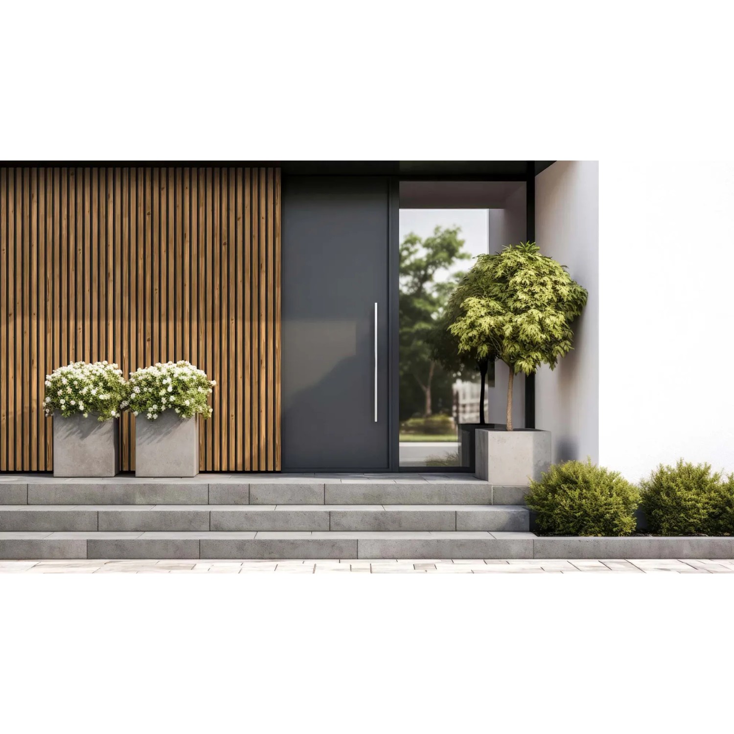 Denpanels Akustikpaneel Nordic Outdoor mit Thermoholz und schwarzem Filz an Hauswand.